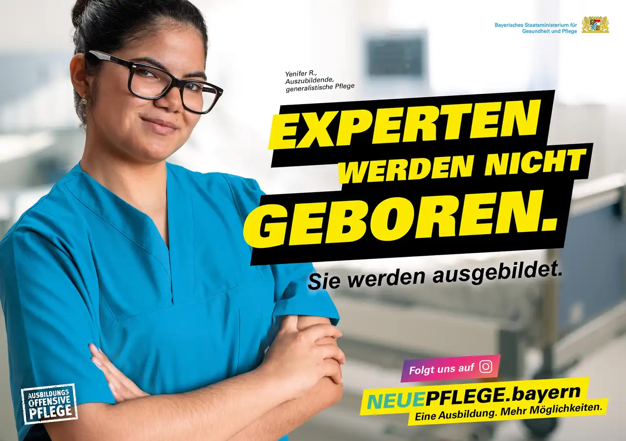Pflegekraft mit dem Satz "Experten werden nicht geboren. Sie werden ausgebildet."