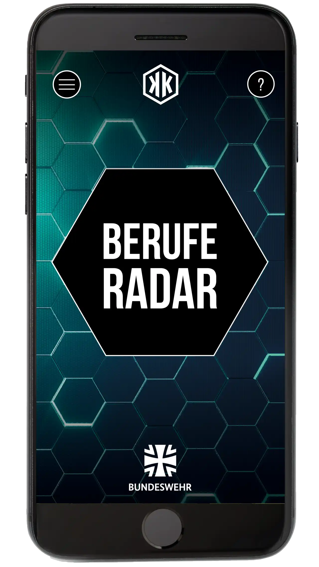 Startbildschirm des Beruferradar in der Ansicht eines schwarzen Handys