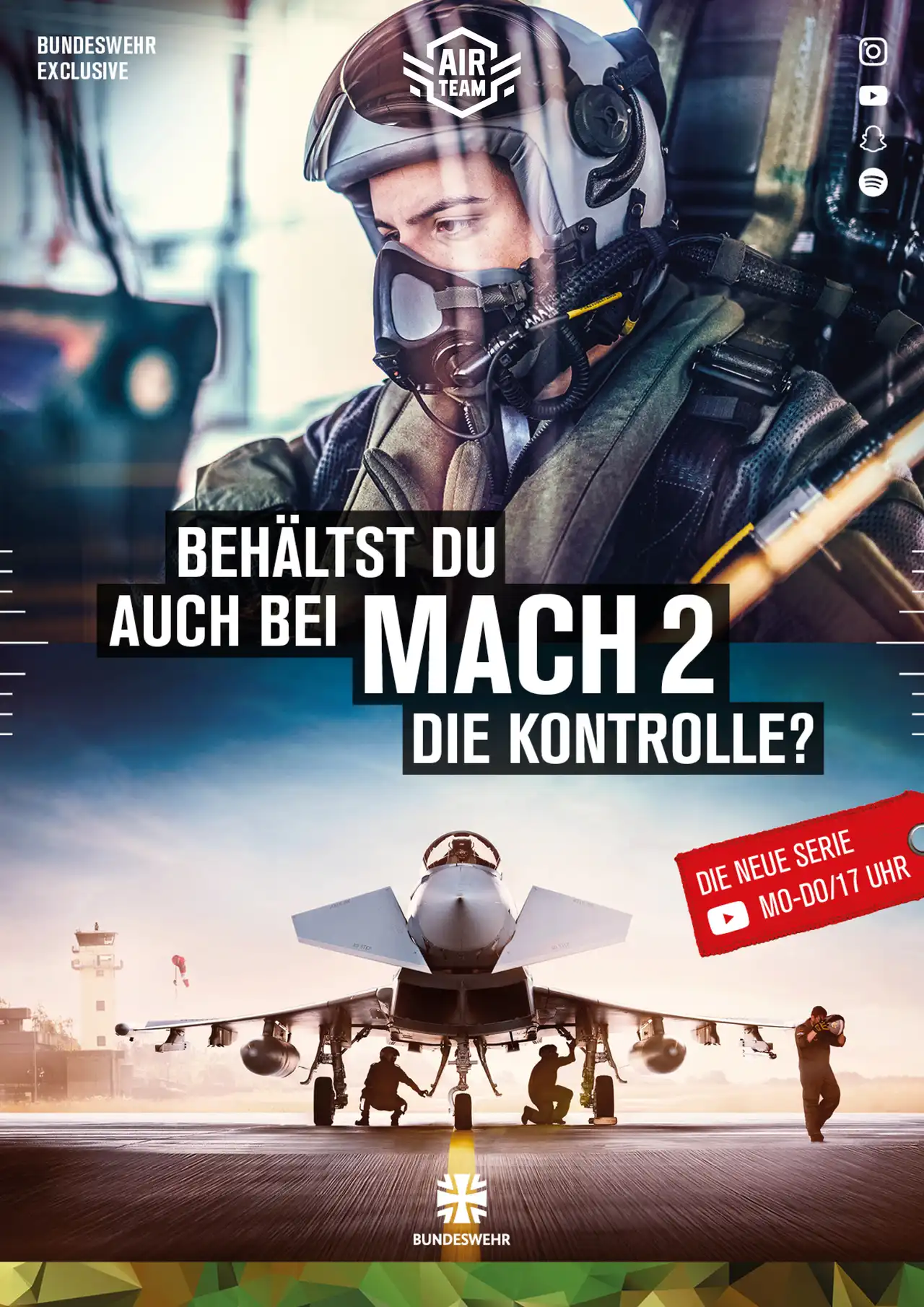 Ein zweigeteiltes Bild: oben ein Jetpilot mit Helm und Maske im Cockpit, unten ein Flugzeug auf der Landebahn unter dem zwei Personen arbeiten. In der Mitte der Schriftzug: Behältst du auch bei mach 2 die Kontrolle?