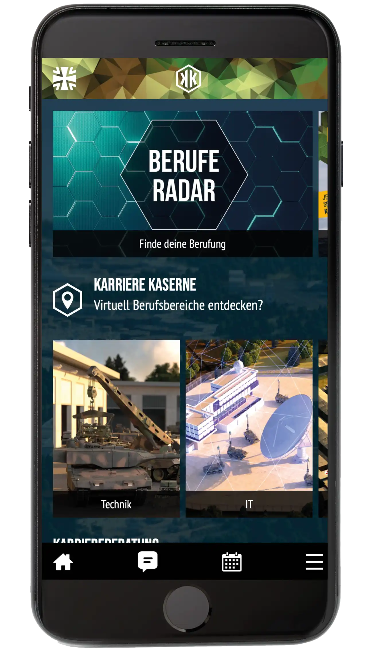 Seitenansicht der Karrierekaserne auf einem schwarzen Handy.