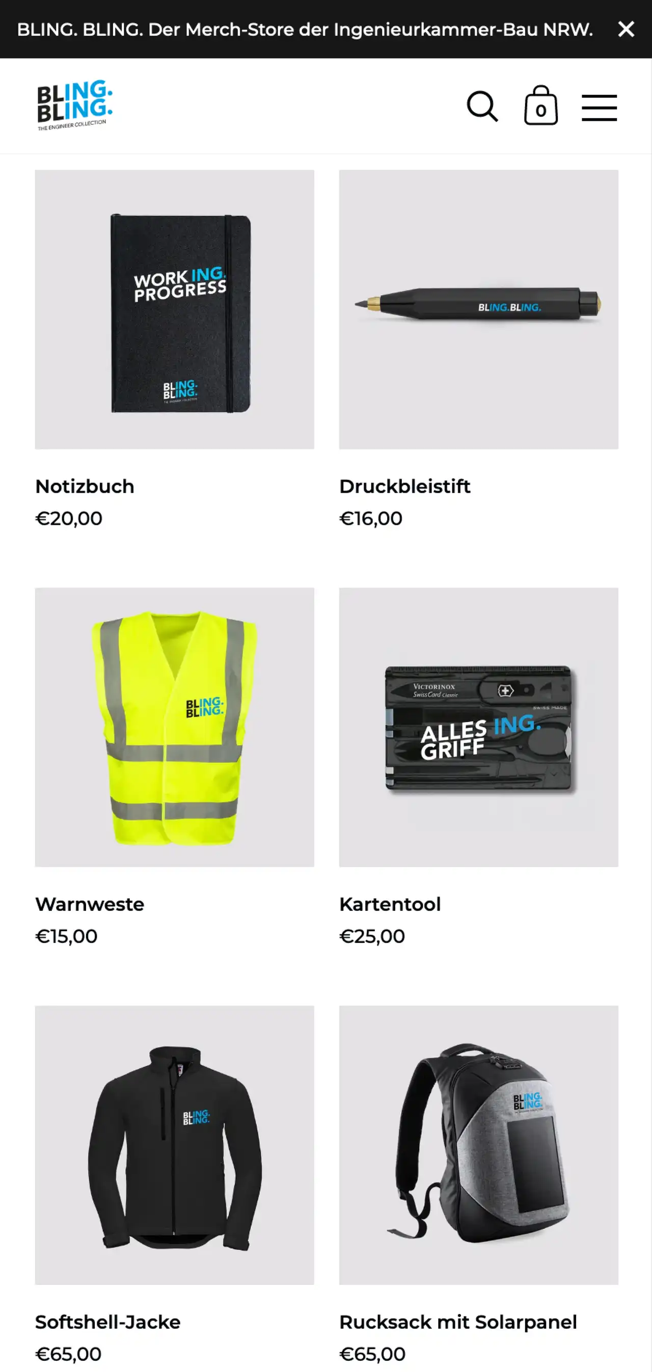 Eine Auswahl an Produkten, die der Shop bietet: Eine Warnweste, einen Rucksack, einen Pullover.