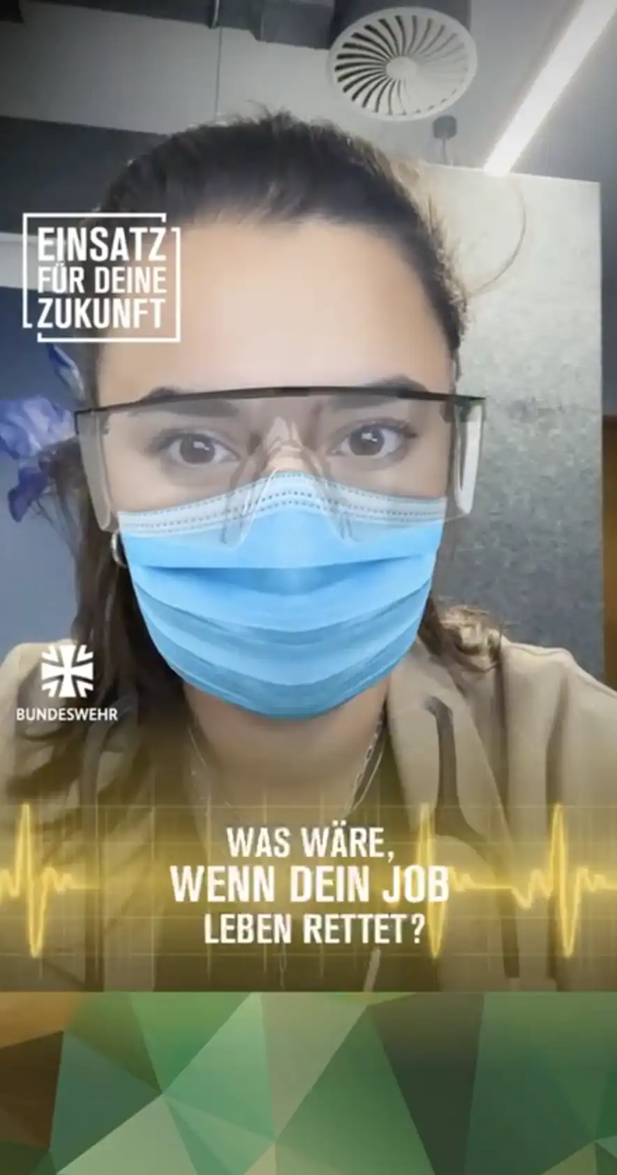 Mädchen mit Schutzbrille und Maske. Darunter der Text "Was wäre, wenn dein Job Leben rettet?"