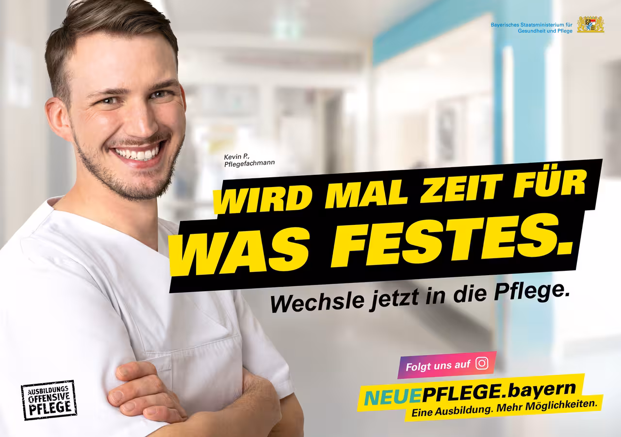 Pflegekraft mit dem Satz "Wird mal Zeit für was Neues. Wechsle jetzt in die Pflege."