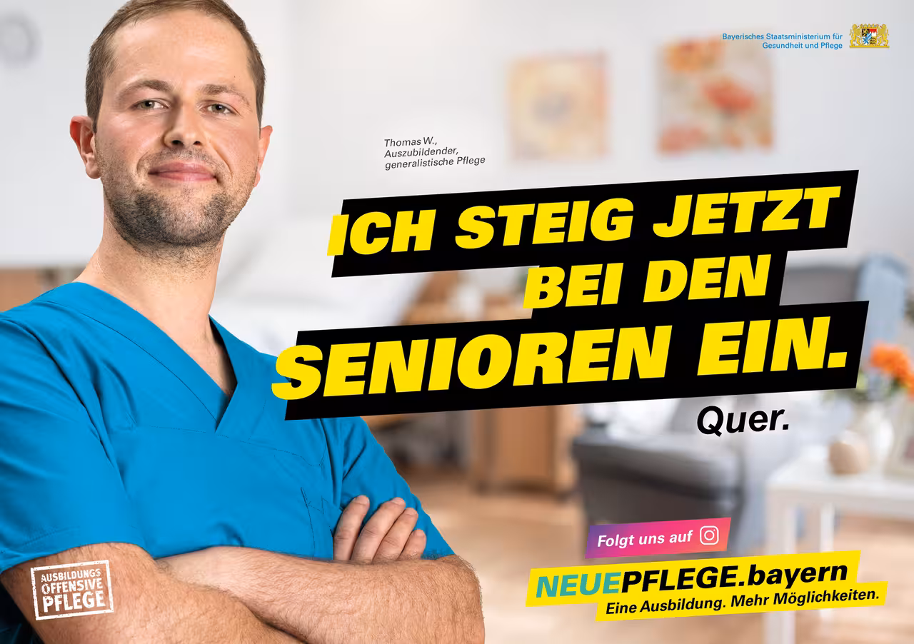 Pflegekraft mit dem Satz "ich steige jetzt bei den Senioren ein. Quer."