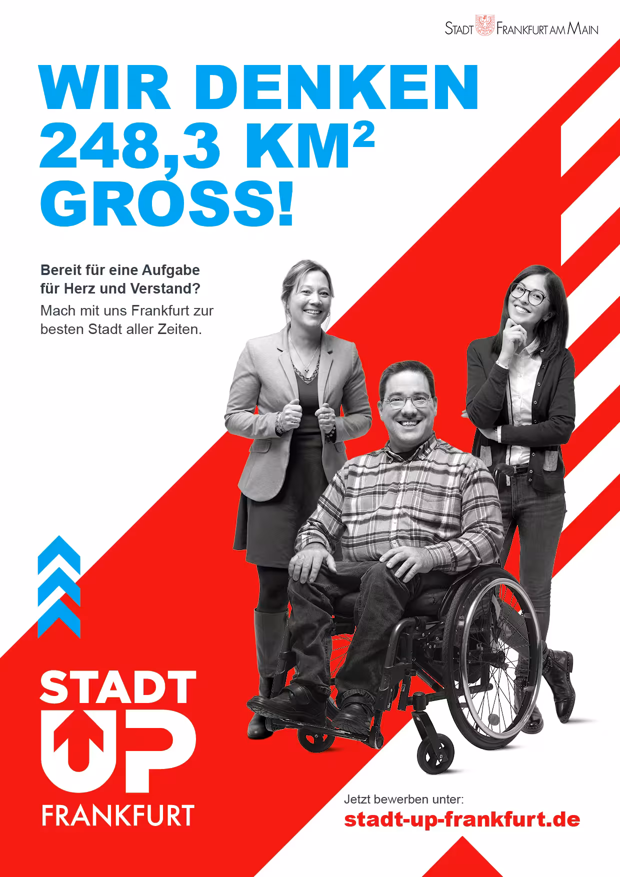 Plakat mit dem Text "Wir denken 248,3 qm gross!" und drei Mitarbeitern der Stadt Frankfurt