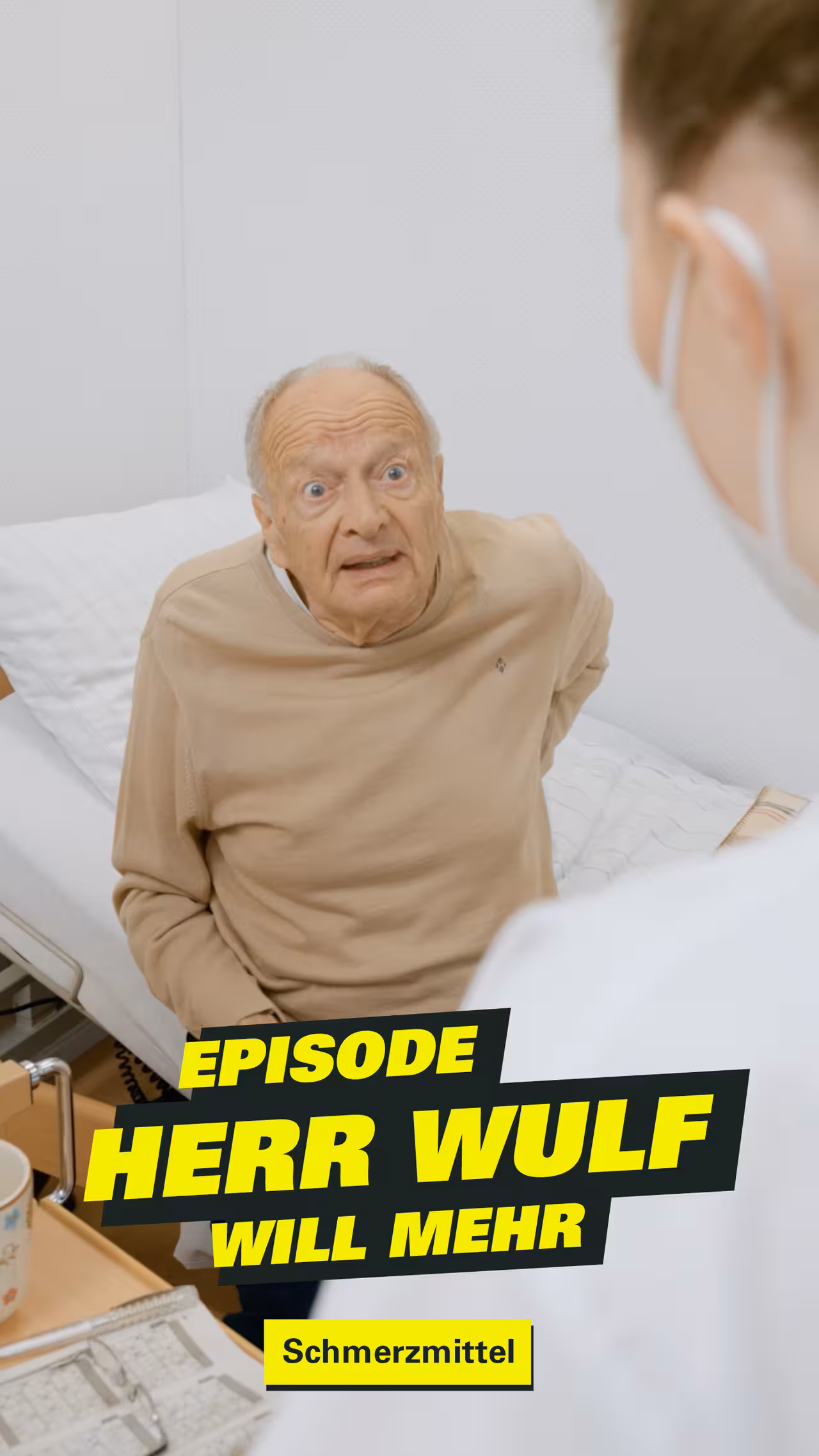 Ein Patient spricht mit einer Pflegekraft. Dazu der Text "Episode Herr Wulf will mehr."