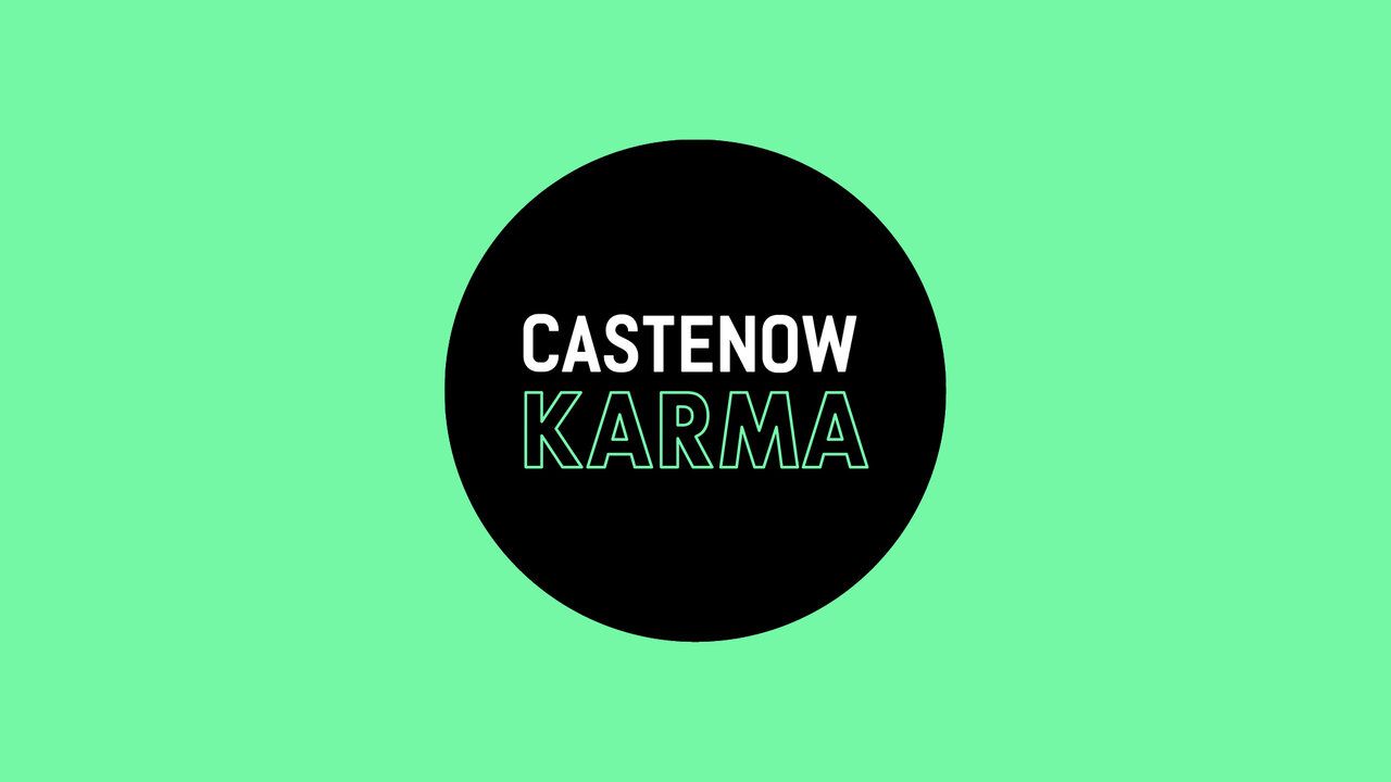 Das Logo "CASTENOW KARMA". Weiße Schrift in schwarzem Punkt auf grünem Hintergrund.