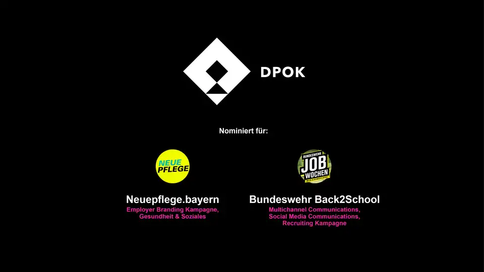 Drei verschiedenen Logos mit Text auf schwarzem Hintergrund.