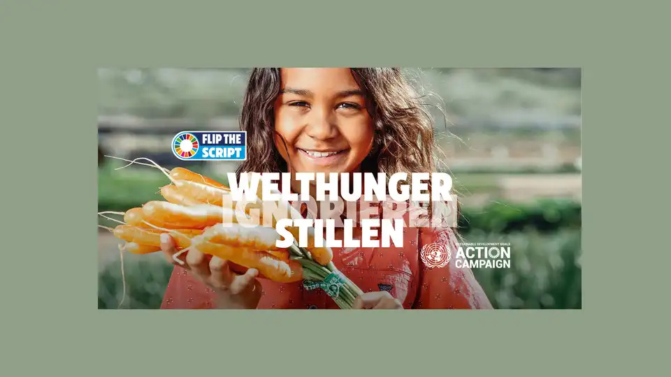 Der Text "Welthunger stillen" mit dem Bild eines kleine Mädchens.