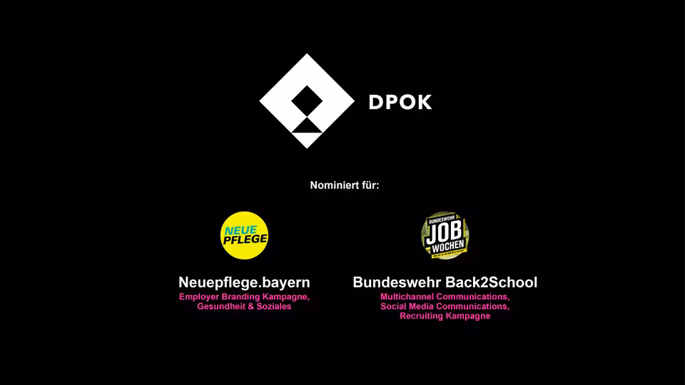 Drei verschiedenen Logos mit Text auf schwarzem Hintergrund.