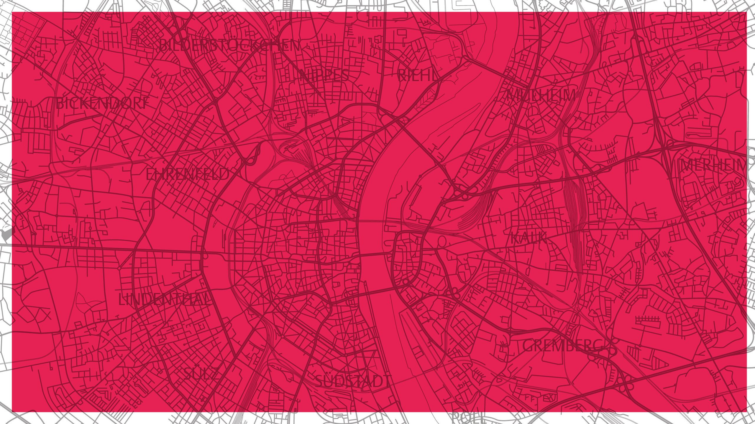 Die Karte der Stadt Köln vor rotem Hintergrund.