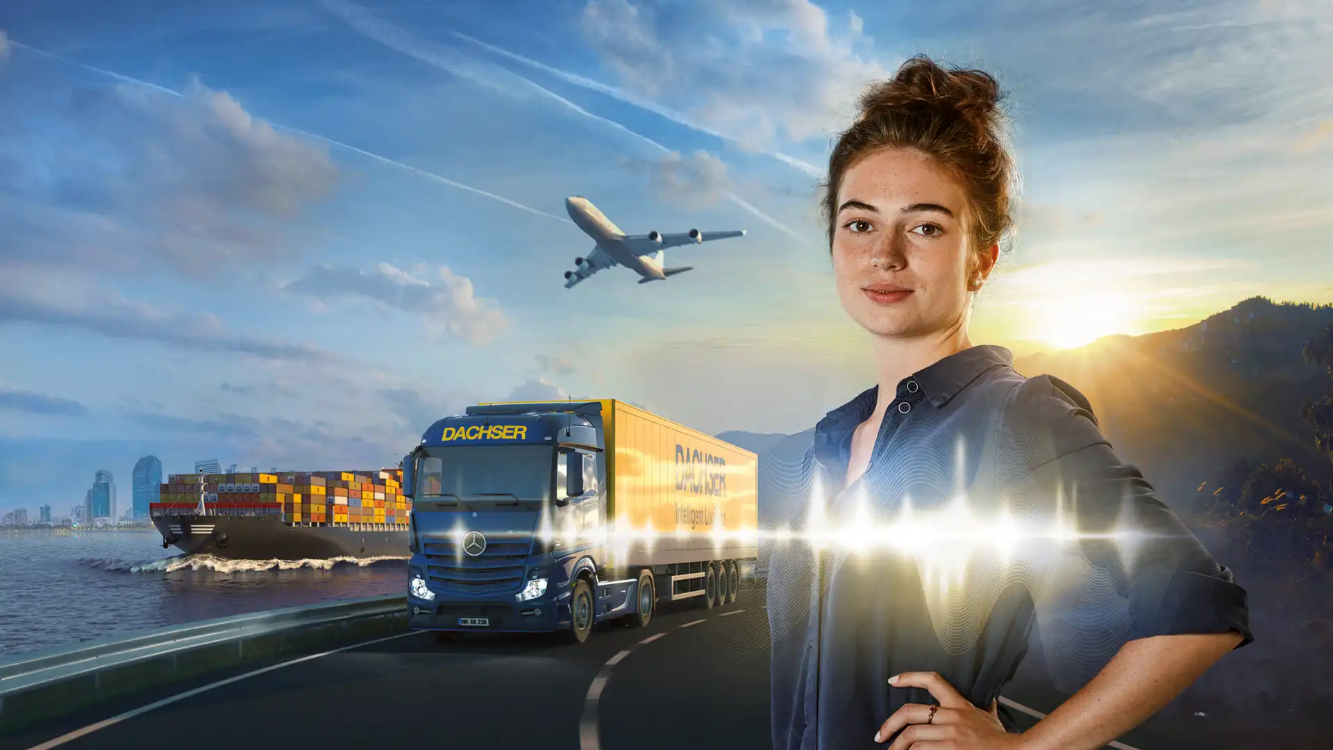 Eine Dachser Mitarbeiterin im Vordergrund, ein Dachser-Lkw und ein Frachtschiff im Hintergrund.
