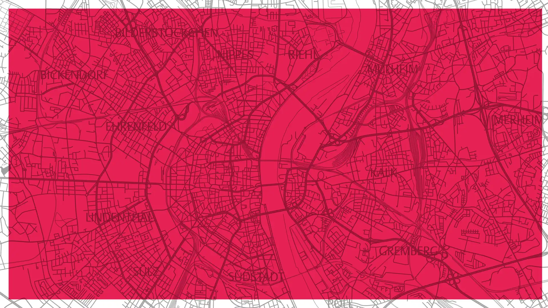 Die Karte der Stadt Köln vor rotem Hintergrund.