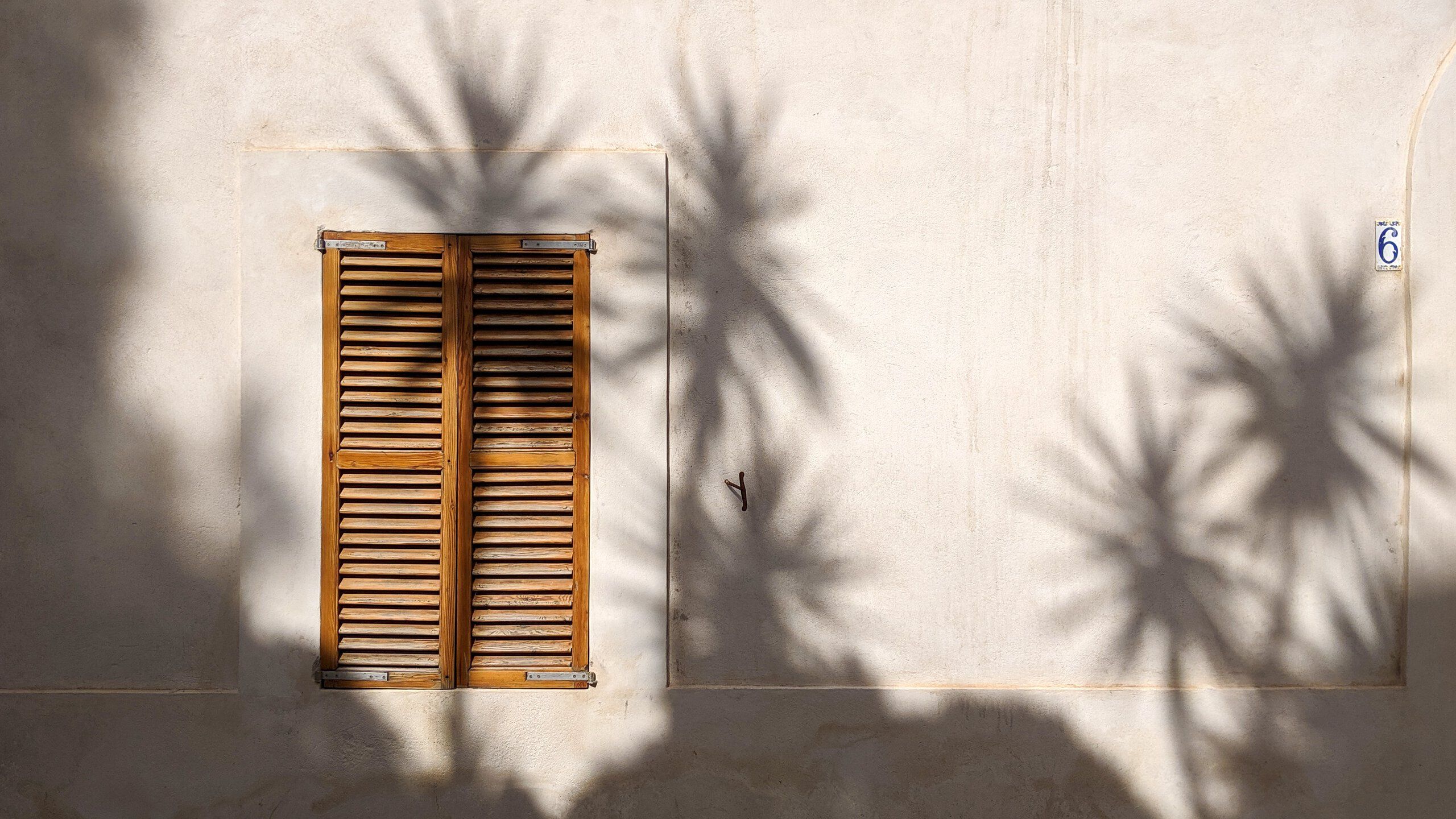 Eine weiße Mauer mit einem Fenster, das von der Sonne beschienen ist. Das Fenster ist durch Fensterläden verschlossen. Daneben der Schatten von Palmen.