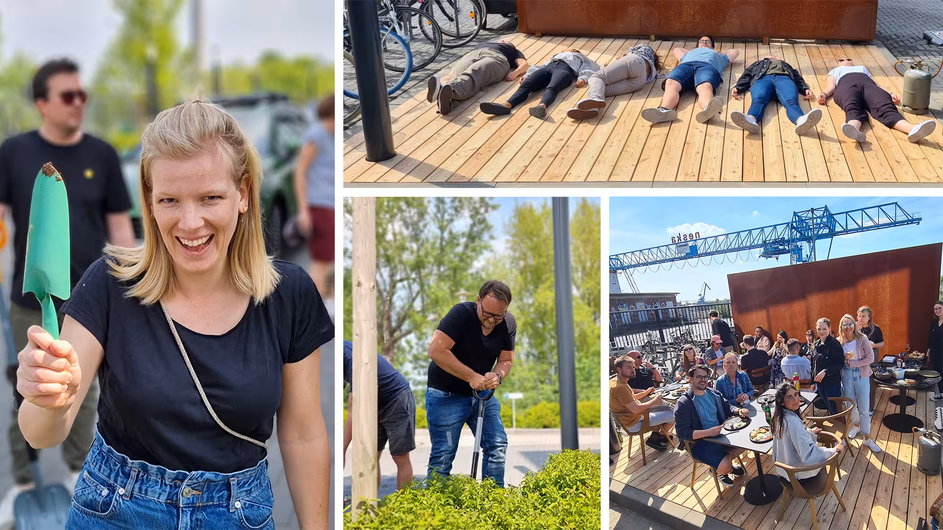 Die Mitarbeiter der Castenow GmbH arbeiten gemeinsam an einer Outdoor-Terrasse.