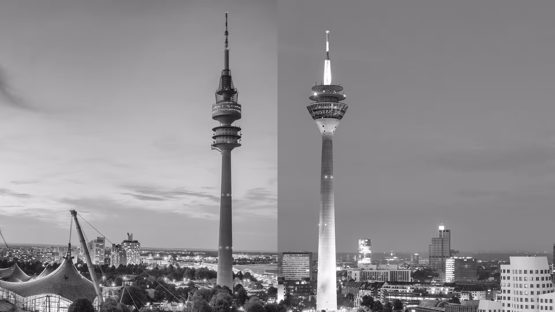 Die Fernsehtürme von München und Düsseldorf.
