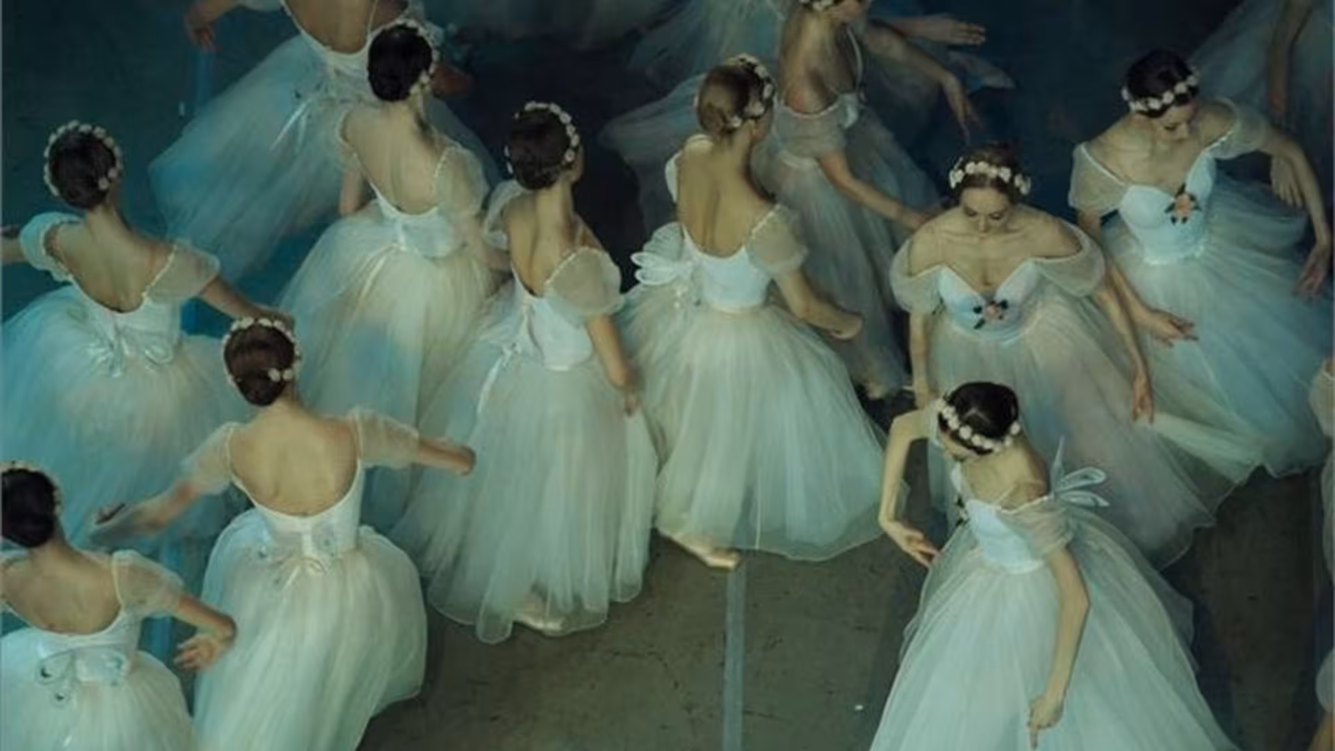 Balletänzerinnen in weißen Kostümen in einer Ansicht von oben.